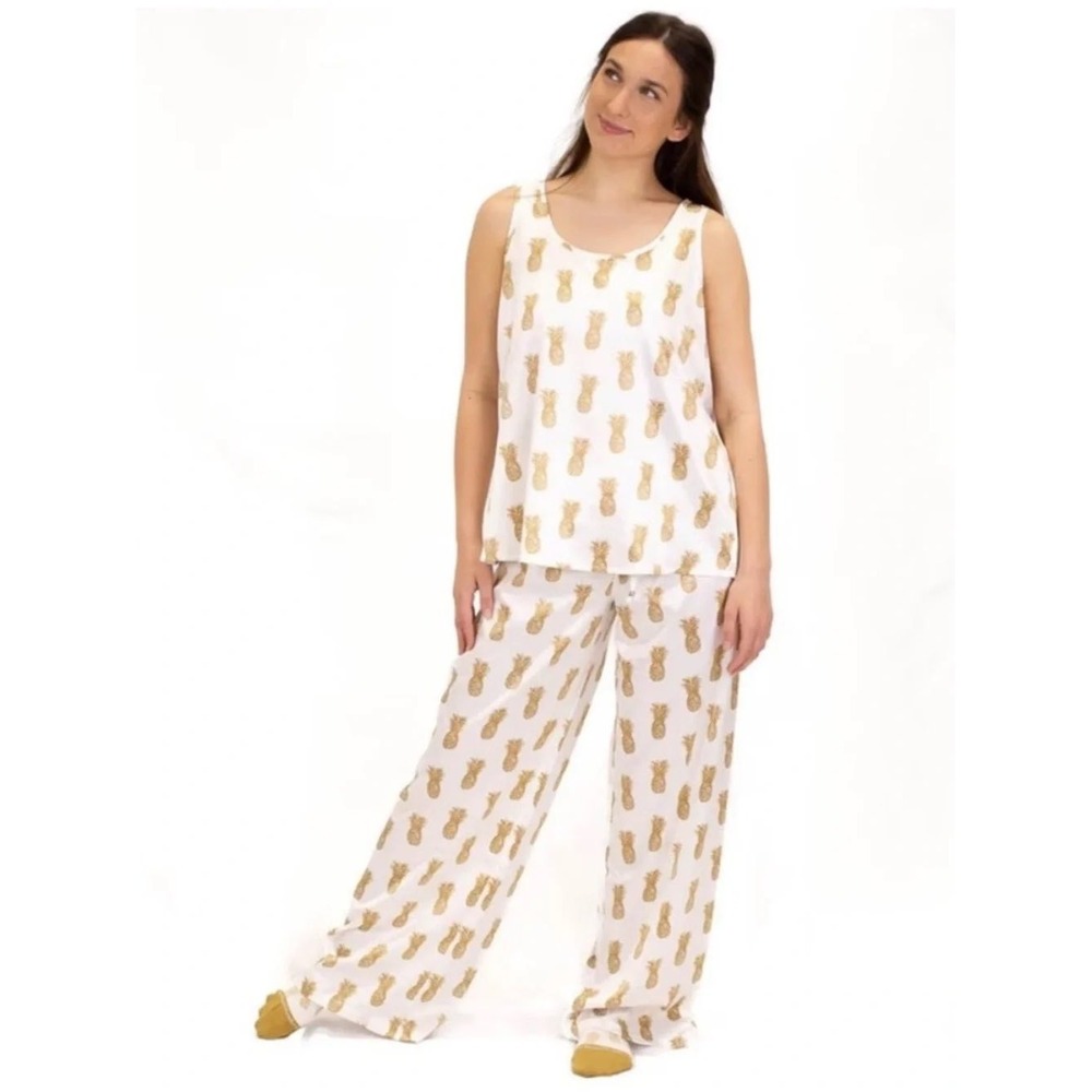 The Royal Standard Womens Pineapple Pajama Set White Gold Tank Pants Medium NWT
